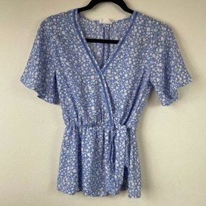 Sienna Sky Blue/White Floral Faux Wrap Blouse XS